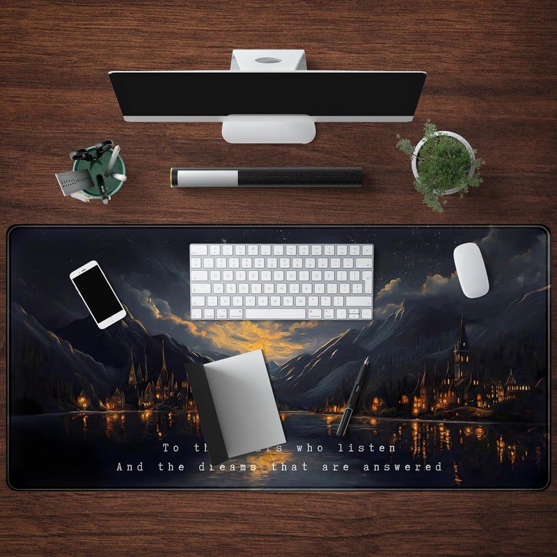 Mechanical Cattle Starry Night Mountain Desk Pad Mat Moon Oil Painting XXL Black Mouse Pad for Gaming Deskpad, Aesthetic Moon and Stars Mousepad Xxl for Laptop Computer Mouse Game Keyboard Mat, 31.5 X 15.8 In - Image 4