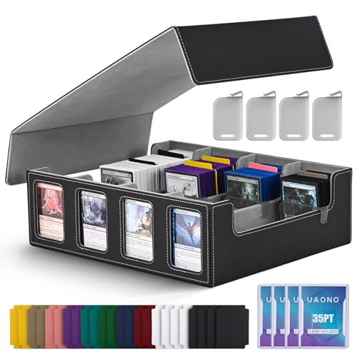 UAONO Trading Card Storage Box with Commander Display 2400 Deck Box for MTG with Removable Cover Top Loaders Card Case fits Magic TCG PTCG Sports Cards 24 Dividers 4 Stoppers Black Grey - Image 1