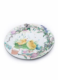 Luxurious round serving platter with multicolored flowers and two birds print