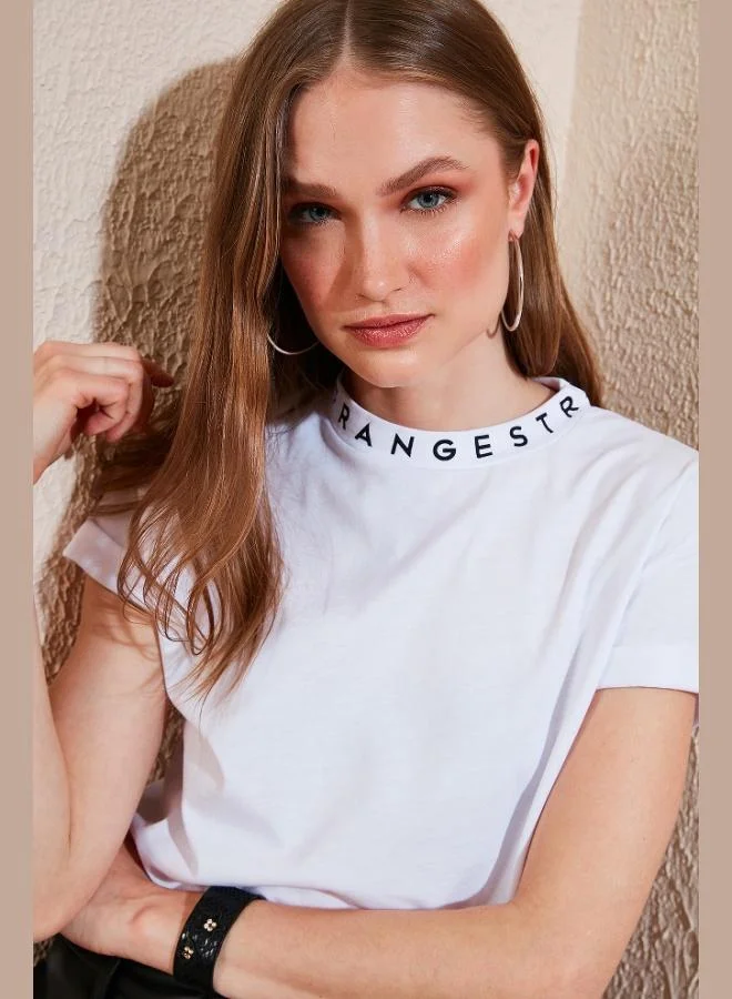 Lela Lela Collar Print Crew Neck Basic Knitted T-Shirt Women's T-Shirt 5864054