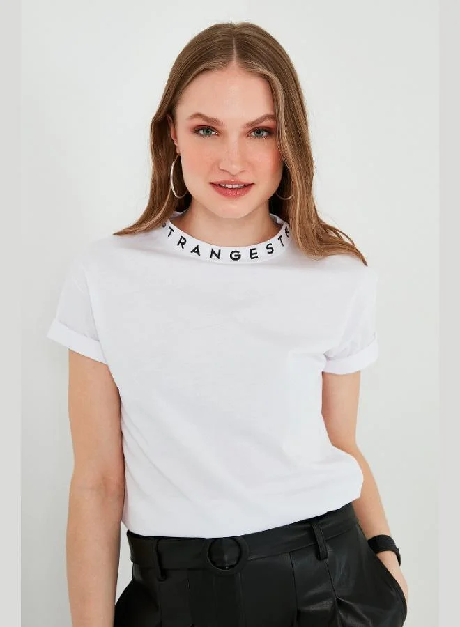 Lela Lela Collar Print Crew Neck Basic Knitted T-Shirt Women's T-Shirt 5864054