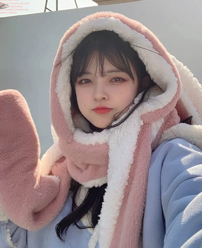 Caistre Women Cute Rabbit Ear Plush Beanie Cap Outdoor Fluffy Bunny Hat Scarf Set Indoor Warm Thick Fleece Animal Hoodie Beige - Image 4
