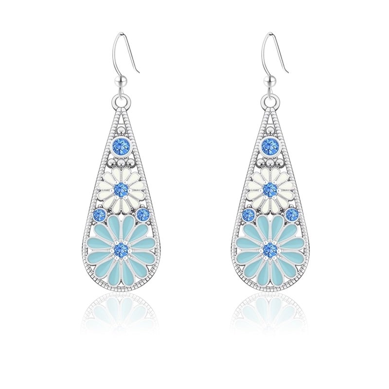 CZMZHFC Bohemian Crystal Teardrop Pendant Earring,Vintage Olive Green Hollow Out Flower Floral Dangle Earrings,National Style Geometry Enamel Flower Hook Earrings,Handmade Ethnic Statement Jewelry for Women (Blue White) - Image 1
