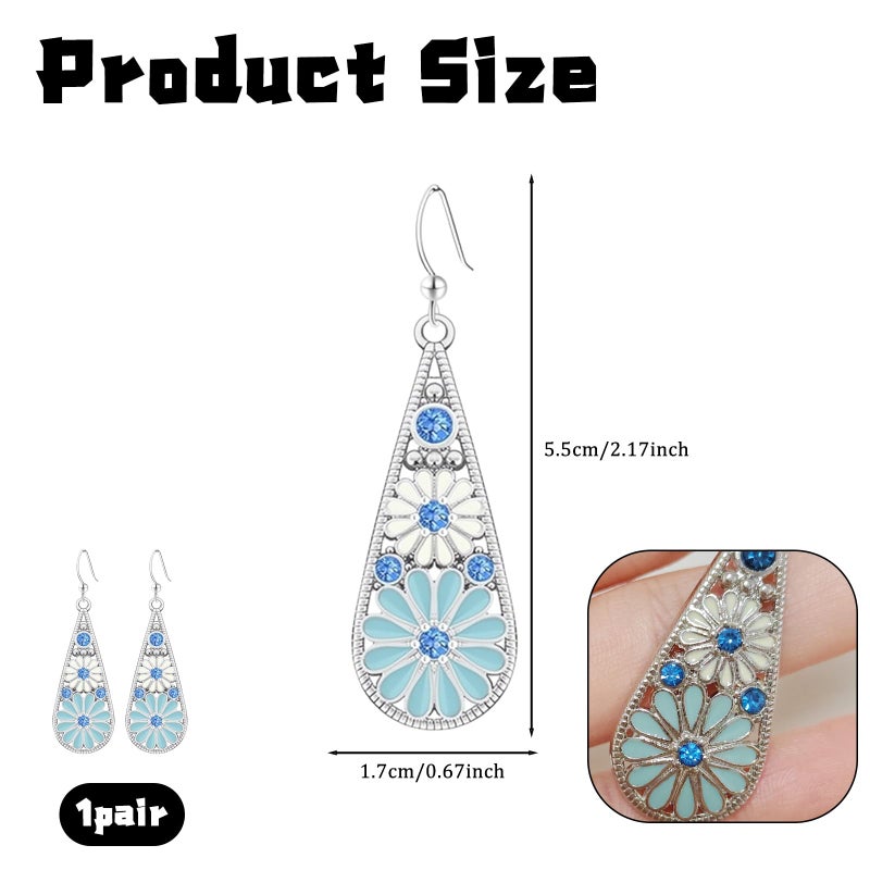 CZMZHFC Bohemian Crystal Teardrop Pendant Earring,Vintage Olive Green Hollow Out Flower Floral Dangle Earrings,National Style Geometry Enamel Flower Hook Earrings,Handmade Ethnic Statement Jewelry for Women (Blue White) - Image 2