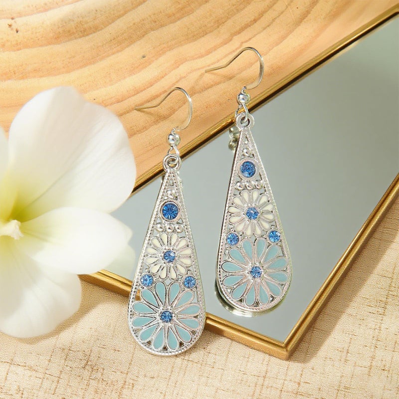 CZMZHFC Bohemian Crystal Teardrop Pendant Earring,Vintage Olive Green Hollow Out Flower Floral Dangle Earrings,National Style Geometry Enamel Flower Hook Earrings,Handmade Ethnic Statement Jewelry for Women (Blue White) - Image 3