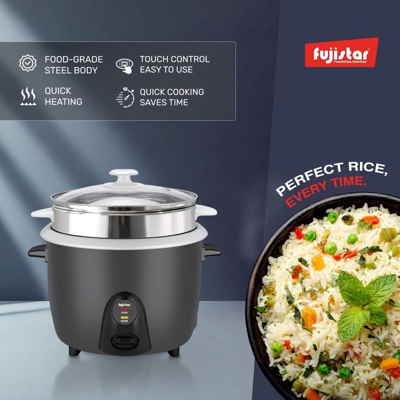 Fujistar Electric Rice Cooker FSRC381, 1L Capacity, 400W, Food-Grade Steel Body with Stainless Steel Steamer - Image 3