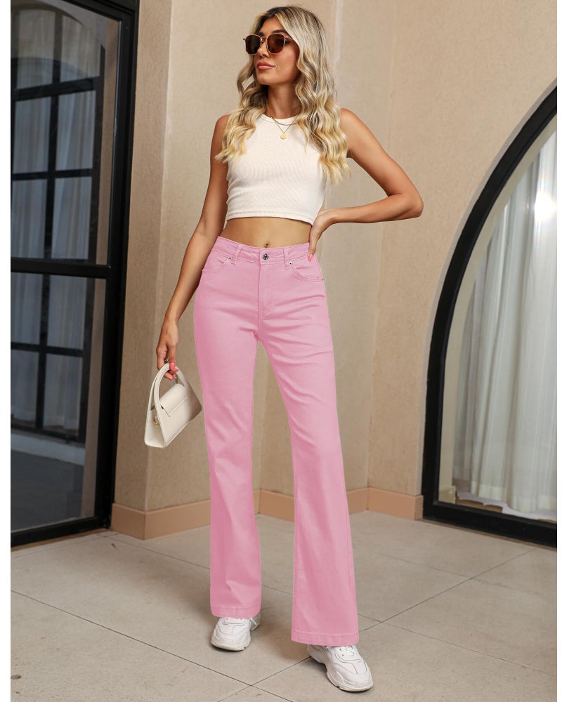 GRAPENT Womens Jeans Size 12 Plus Size High Waisted Flare Ripped Stretchy 70s Outfits Wide Leg Pants 14 Orchid Pink - Image 5