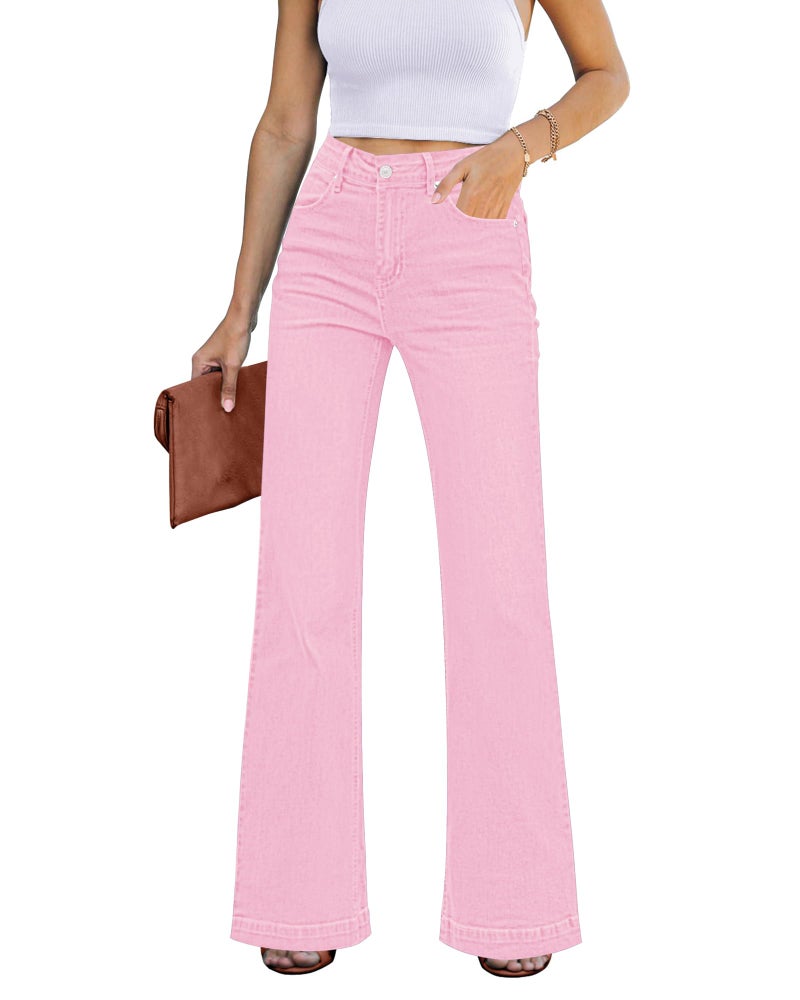 GRAPENT Womens Jeans Size 12 Plus Size High Waisted Flare Ripped Stretchy 70s Outfits Wide Leg Pants 14 Orchid Pink - Image 1