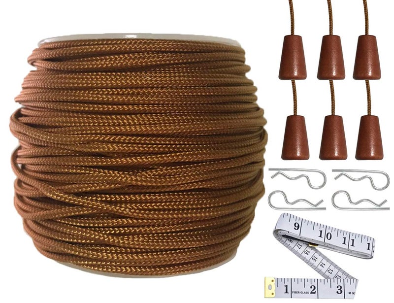 YAxis Roll of 60 Yards 20mm Light Brown Bronze Braided Nylon Lift Shade Cord with 6 Pack Brown Wood Cord Knobs Soft Tape
