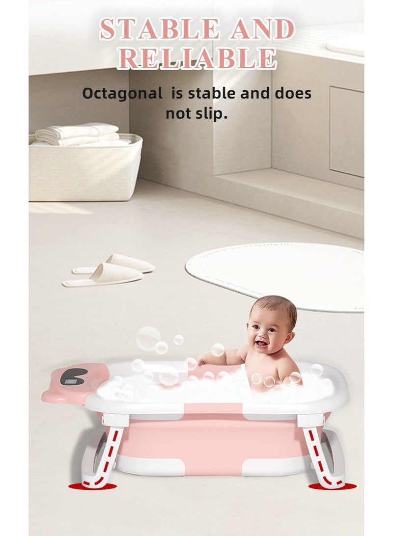 حوض استحمام قابل للطي للأطفال الرضع والأطفال الصغار مع قابس تصريف مجاني لمستشعر درجة حرارة الطفل ودعامة مدمجة غير قابلة للانزلاق (وردي) - Image 4