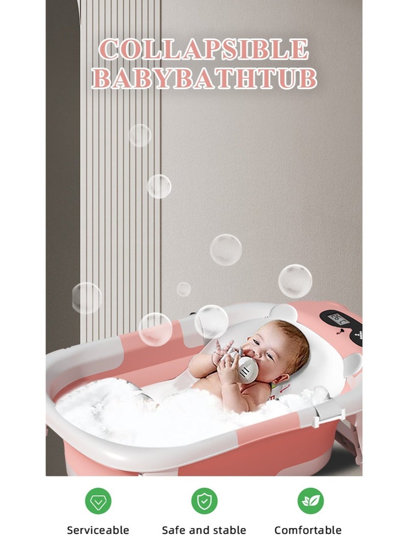 حوض استحمام قابل للطي للأطفال الرضع والأطفال الصغار مع قابس تصريف مجاني لمستشعر درجة حرارة الطفل ودعامة مدمجة غير قابلة للانزلاق (وردي) - Image 2