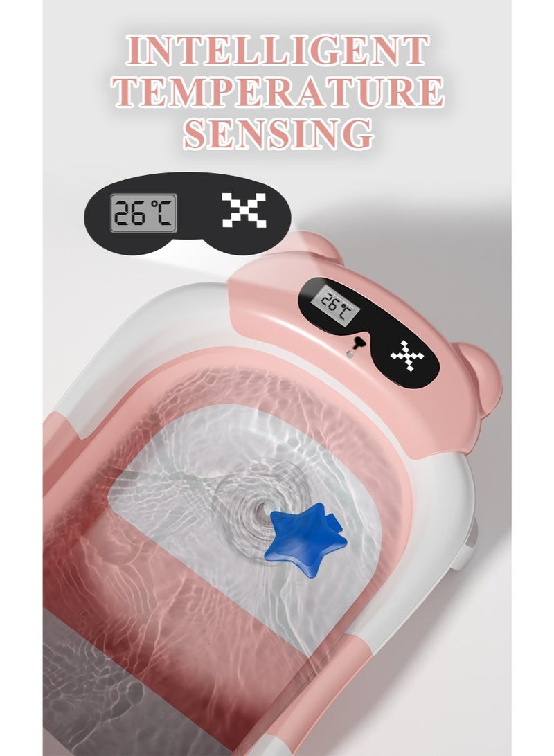 حوض استحمام قابل للطي للأطفال الرضع والأطفال الصغار مع قابس تصريف مجاني لمستشعر درجة حرارة الطفل ودعامة مدمجة غير قابلة للانزلاق (وردي) - Image 3