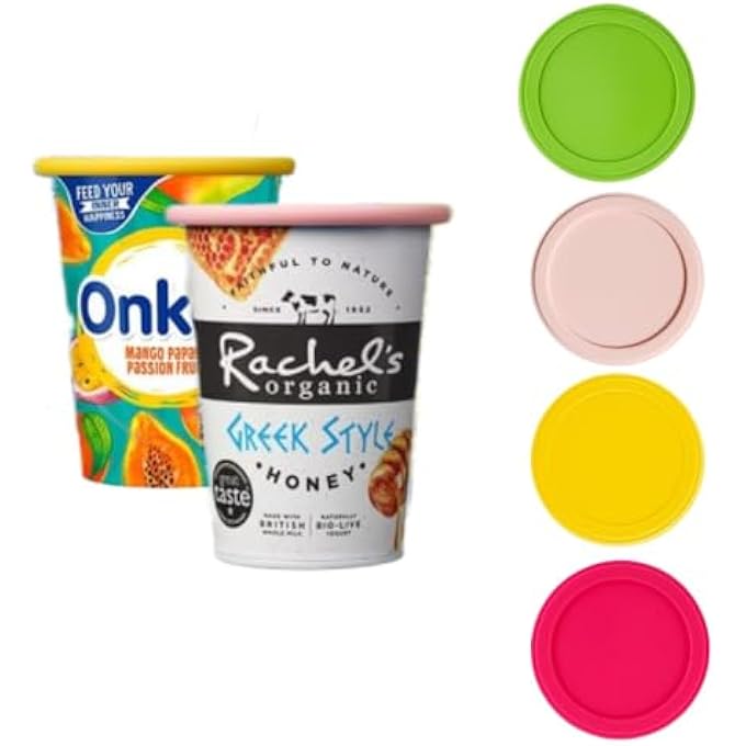 ريحني 4 قطع من أغطية أوعية الزبادي القابلة لإعادة الاستخدام، أغطية سيليكون مطاطية مصممة لتناسب أوعية الزبادي والكريمة القياسية - Image 1