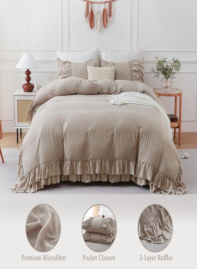 Herside Taupe Boho Ruffle Comforter Queen Size,Shabby Chic Ruffle Bedding Set,2 Layers Ruffles Fluffy Vintage Comforter Home Decor,Farmhouse 3 Pcs Microfiber Lightweight Quilt Set for Women Girls - Image 2
