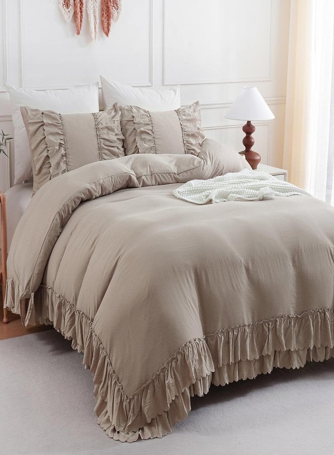 Herside Taupe Boho Ruffle Comforter Queen Size,Shabby Chic Ruffle Bedding Set,2 Layers Ruffles Fluffy Vintage Comforter Home Decor,Farmhouse 3 Pcs Microfiber Lightweight Quilt Set for Women Girls - Image 1