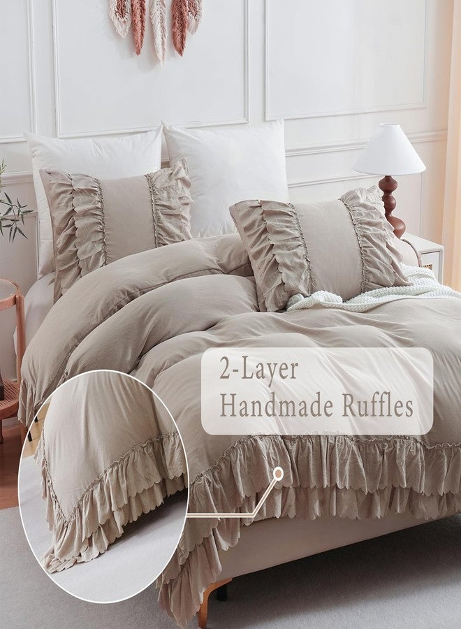 Herside Taupe Boho Ruffle Comforter Queen Size,Shabby Chic Ruffle Bedding Set,2 Layers Ruffles Fluffy Vintage Comforter Home Decor,Farmhouse 3 Pcs Microfiber Lightweight Quilt Set for Women Girls - Image 3