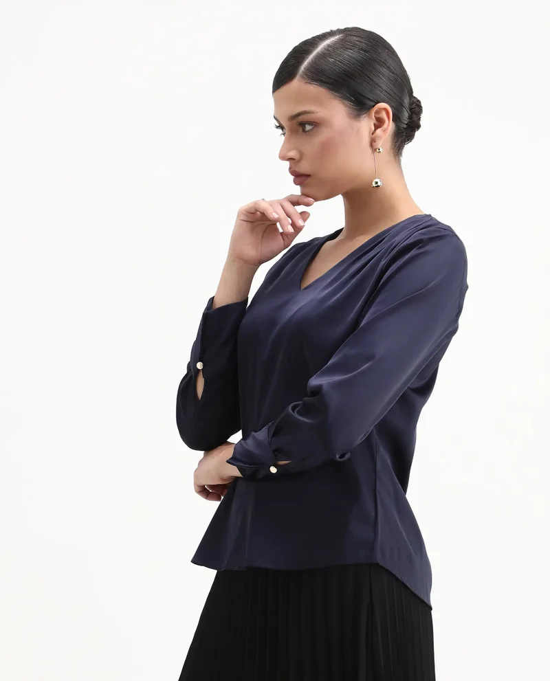 ريريزم بلوزة نسائية ساتان بياقة على شكل حرف