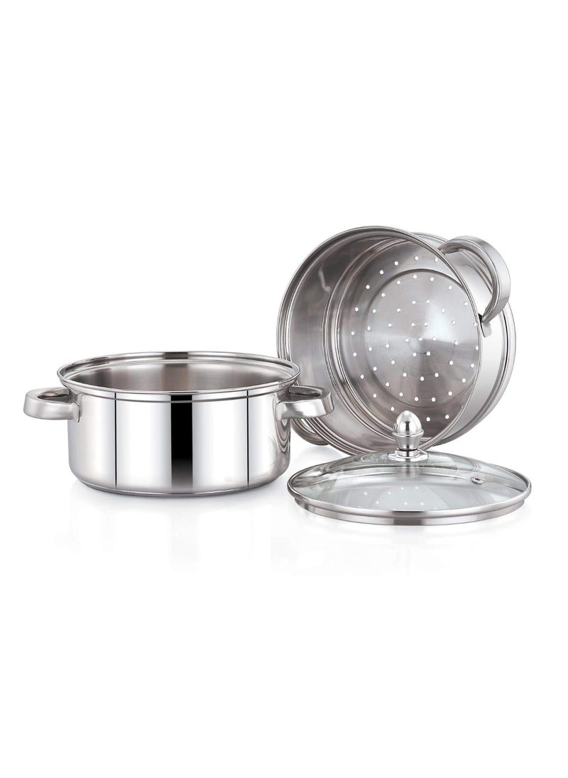 pigeon Pigeon Elantra Stainless Steel 2 Tier Steamer Pot Set with Glass Lid | Pasta Steamer Momo/Modak Maker | Vegetable Steamer | Rice Steamer; 20 cm | Induction and Gas Stove Compatible Silver Steamer  - Image 5