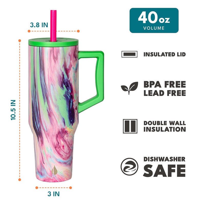 Elemental 40 oz Tumbler with Handle and Straw - Spill Proof Insulated Stainless Steel Commuter for Cold Beverages - Travel Coffee Mug with 2 Straws & Spill Proof Lid - 40oz - Aurora Dream - Image 1