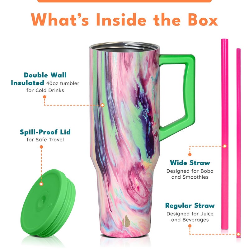 Elemental 40 oz Tumbler with Handle and Straw - Spill Proof Insulated Stainless Steel Commuter for Cold Beverages - Travel Coffee Mug with 2 Straws & Spill Proof Lid - 40oz - Aurora Dream - Image 2