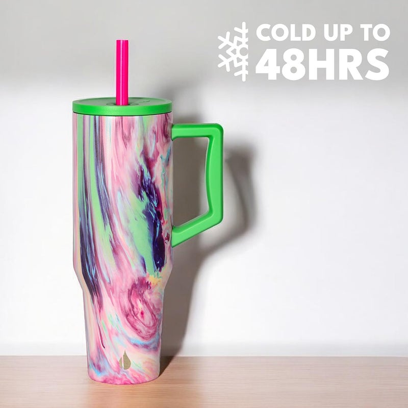 Elemental 40 oz Tumbler with Handle and Straw - Spill Proof Insulated Stainless Steel Commuter for Cold Beverages - Travel Coffee Mug with 2 Straws & Spill Proof Lid - 40oz - Aurora Dream - Image 3