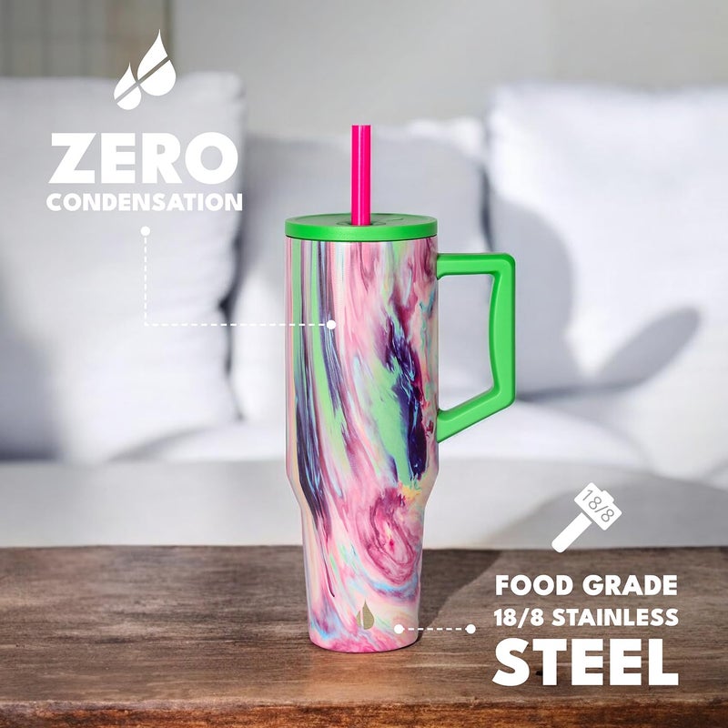Elemental 40 oz Tumbler with Handle and Straw - Spill Proof Insulated Stainless Steel Commuter for Cold Beverages - Travel Coffee Mug with 2 Straws & Spill Proof Lid - 40oz - Aurora Dream - Image 4
