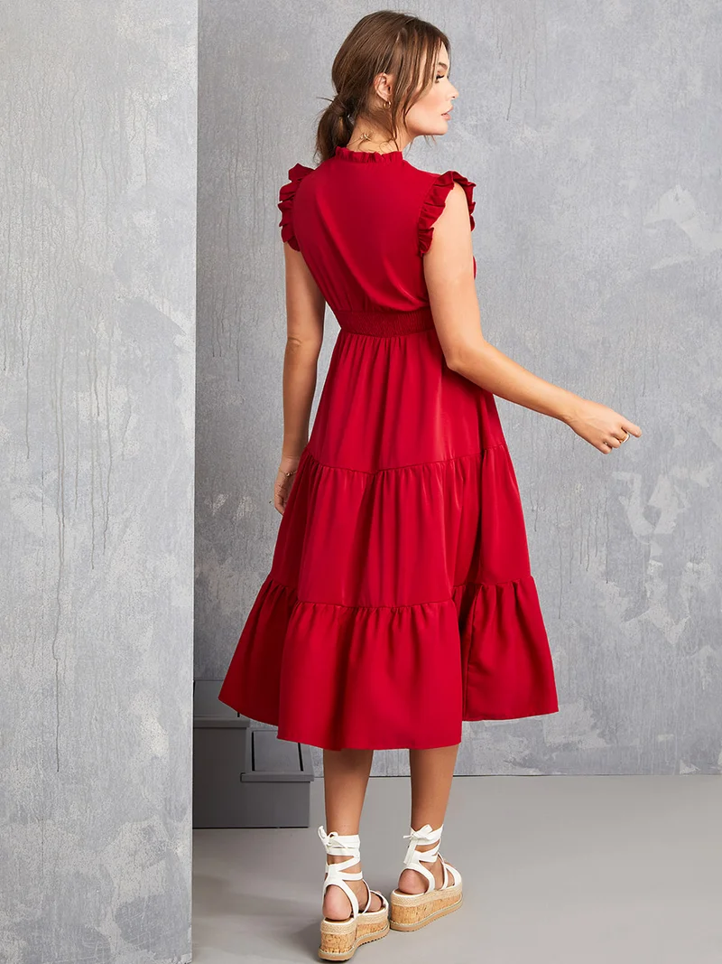 Take Two Frill Detail Sleeves Woven Tiered Midi Dress