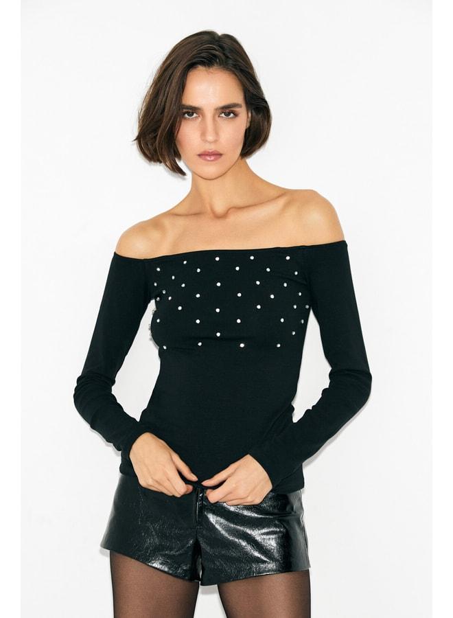 GRIMELANGE GLIMMER Women's Carmen Neck Open-Shoulder Stretch Fabric Stone-Detail Long Sleeve Black Blouse. - Image 2