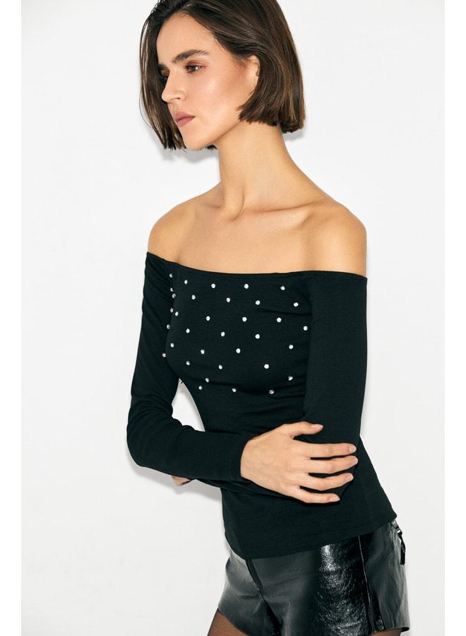 GRIMELANGE GLIMMER Women's Carmen Neck Open-Shoulder Stretch Fabric Stone-Detail Long Sleeve Black Blouse. - Image 1