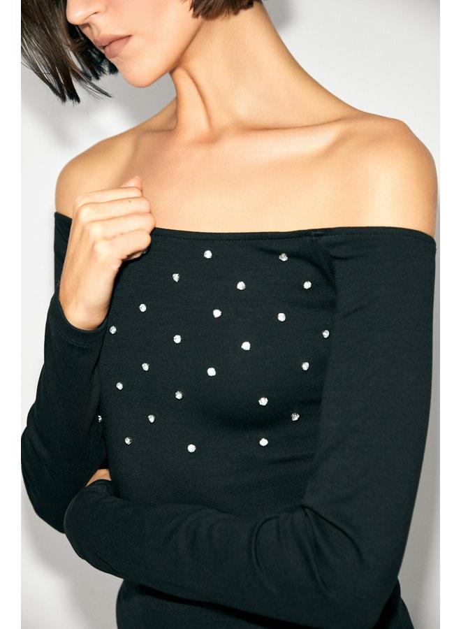 GRIMELANGE GLIMMER Women's Carmen Neck Open-Shoulder Stretch Fabric Stone-Detail Long Sleeve Black Blouse. - Image 3