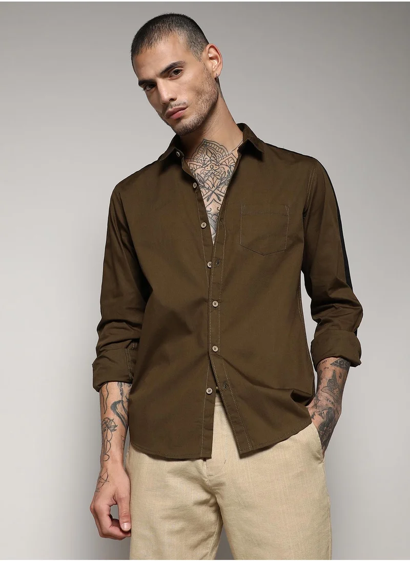 Campus Sutra Men's Olive Green Side Striped Shirt