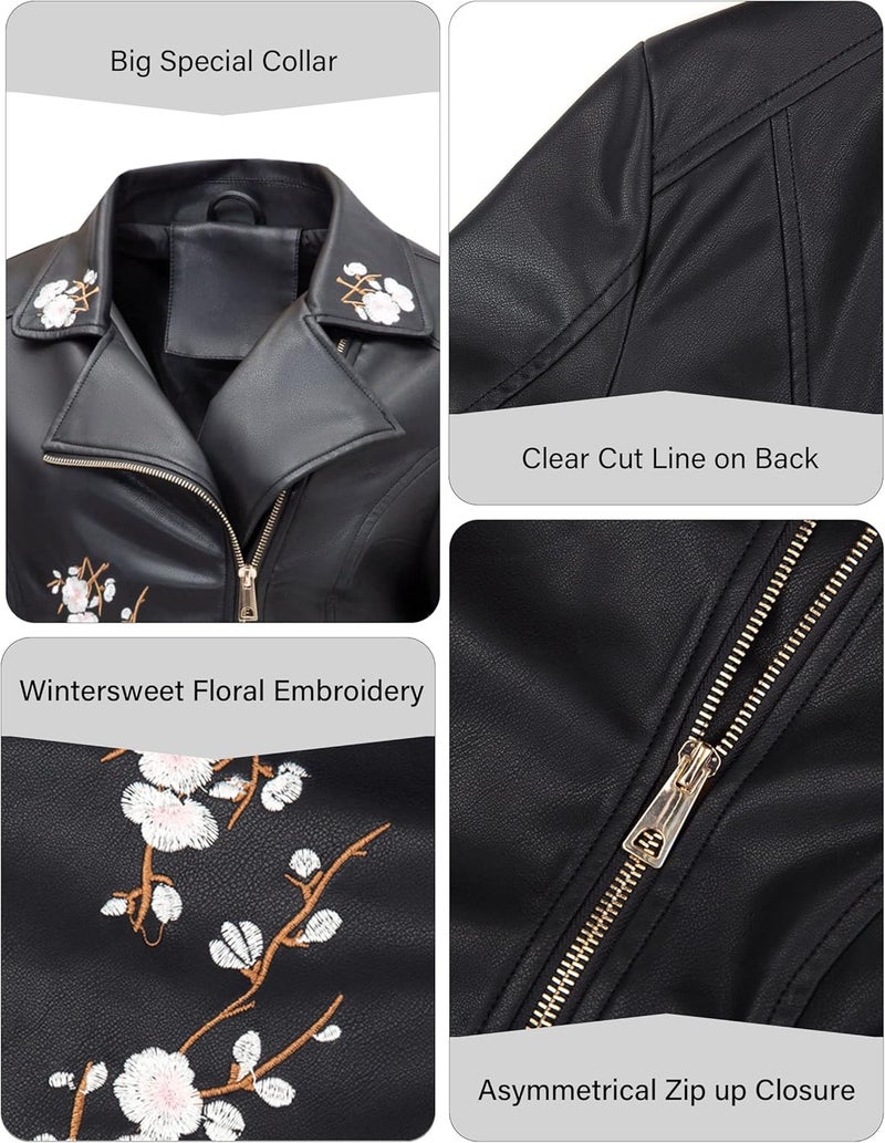 Bellivera Women's Faux Leather Floral Moto Biker Jacket, Black, XL - Image 5