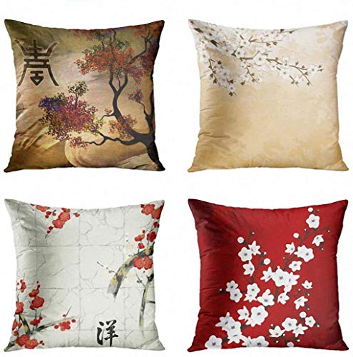 ArtSocket Set of 4 Throw Pillow Covers Japanese Zen Tree Eastern Nature Home Flowers Cherry Blossom Beige Cream Decorative Pillow Cases Home Decor Square 22x22 Inches Pillowcases - Image 1