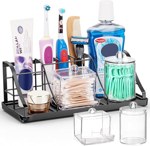 Chintu Toothbrush Holders Set with 2 Pack Qtip Holder Dispenser Kids Electric Toothbrush and Toothpaste Holder 7 Slots Tooth Brushing Holder for Bathroom Sink Countertop Organizer and Storage Accessories - Image 1