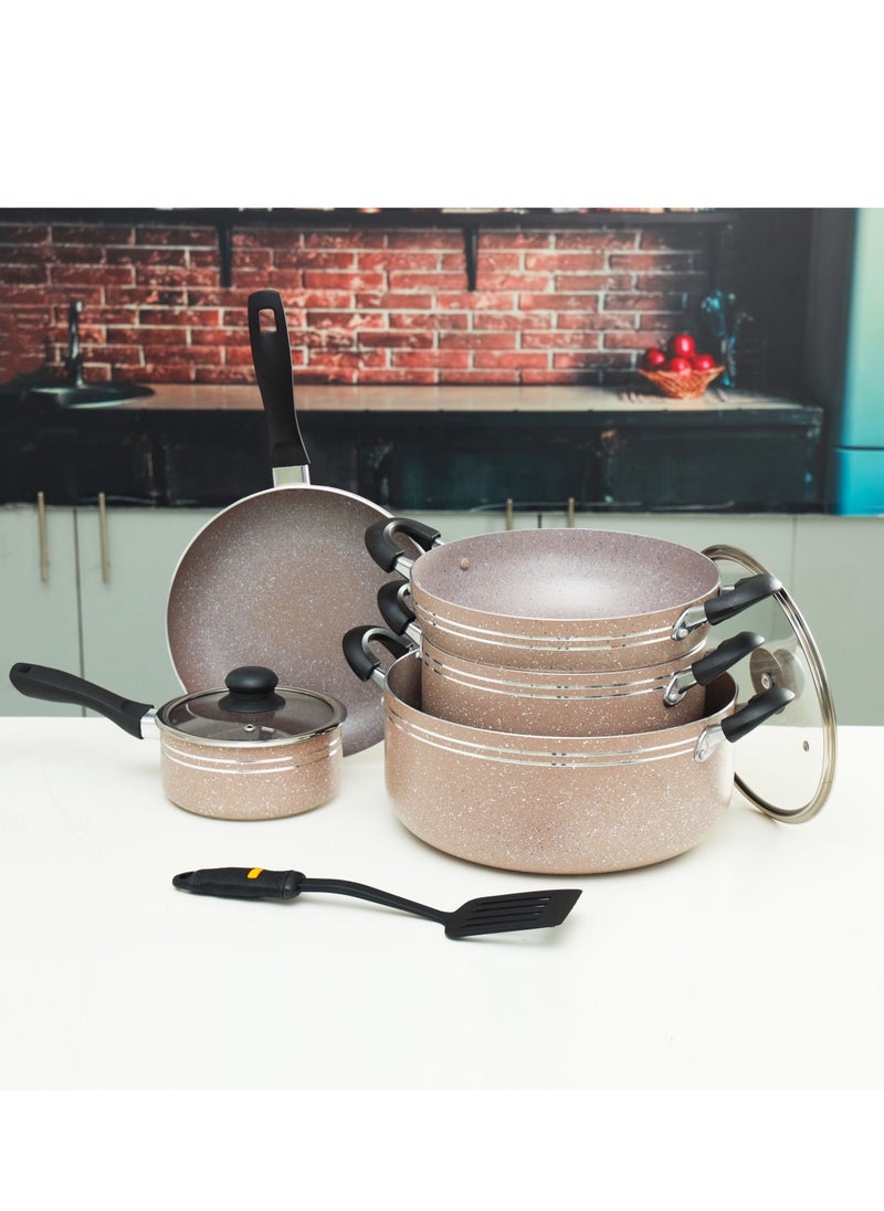 10 Pcs nonstick Aluminum Cookware Set Durable Marble Coating Non Stick Pots and pans set Dish for Gas Induction & Ceramic Hobs Induction Bottom BEIGE- DC1889BGE