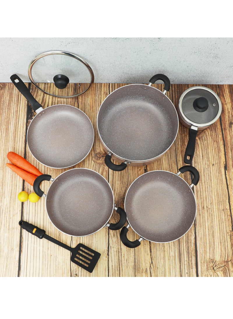10 Pcs nonstick Aluminum Cookware Set Durable Marble Coating Non Stick Pots and pans set Dish for Gas Induction & Ceramic Hobs Induction Bottom BEIGE- DC1889BGE