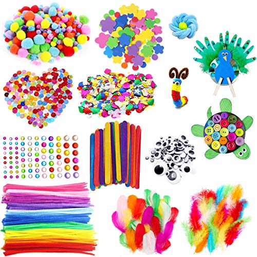 CH HAICHENG Arts and Crafts Supplies for Kids Including Feathers, Pipe Cleaners, Wiggle Googly Eyes, Pom Poms, Buttons, Ice Cream Sticks, Sequins And So On, School Kindergarten Homeschool Supplies Crafts - Image 1