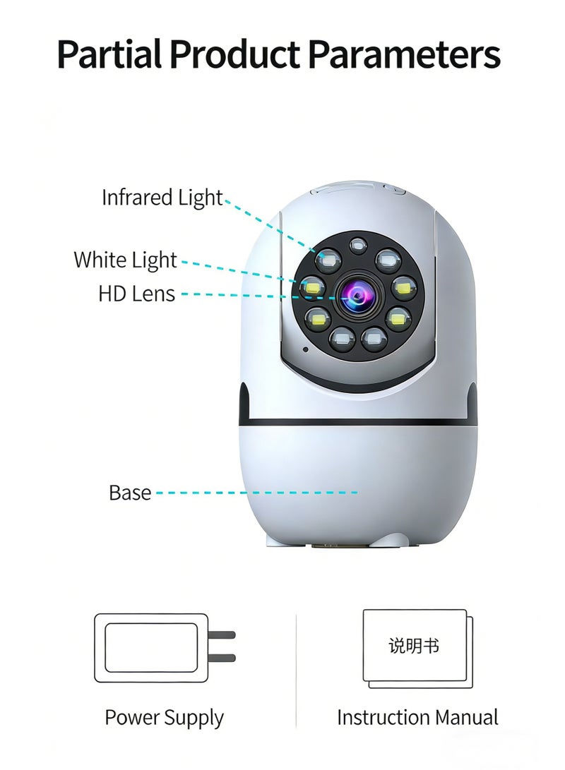 كاميرا مراقبة ذكية بزاوية 360°، بدقة 1080P، تدعم اتصال Wi-Fi، واتصالًا صوتيًا ثنائي الاتجاه، وكاميرا مراقبة داخلية (CCTV)، مزودة بتقنية الذكاء الاصطناعي لاكتشاف الحركة، ووضع حماية الخصوصية، وتدعم شبكة Wi-Fi بتردد 2.4 جيجاهرتز، مع التتبع الذكي، والصوت ثنائي الاتجاه، والرؤية الليلية، وتدعم بطاقة ذاكرة TF بسعة تصل إلى 512 جيجابايت، مع تنبيهات عن بُعد لمراقبة المنزل أو الأطفال أو كبار السن. - Image 1