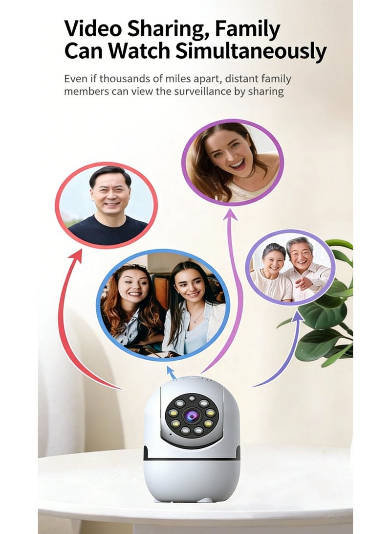 كاميرا مراقبة ذكية بزاوية 360°، بدقة 1080P، تدعم اتصال Wi-Fi، واتصالًا صوتيًا ثنائي الاتجاه، وكاميرا مراقبة داخلية (CCTV)، مزودة بتقنية الذكاء الاصطناعي لاكتشاف الحركة، ووضع حماية الخصوصية، وتدعم شبكة Wi-Fi بتردد 2.4 جيجاهرتز، مع التتبع الذكي، والصوت ثنائي الاتجاه، والرؤية الليلية، وتدعم بطاقة ذاكرة TF بسعة تصل إلى 512 جيجابايت، مع تنبيهات عن بُعد لمراقبة المنزل أو الأطفال أو كبار السن. - Image 3