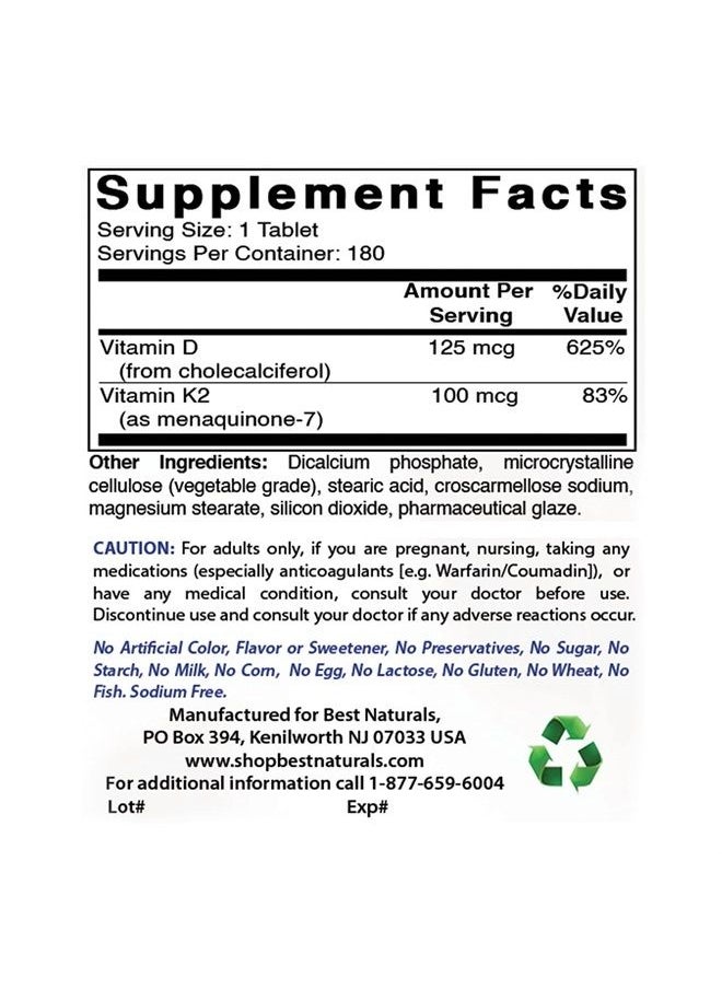 Best Naturals Vitamin K2 (MK7) with D3 Supplement Bone and Heart Health (5000 IU Vitamin D3 & 100 mcg Vitamin K2 MK7), 180 Tablets  - Image 2