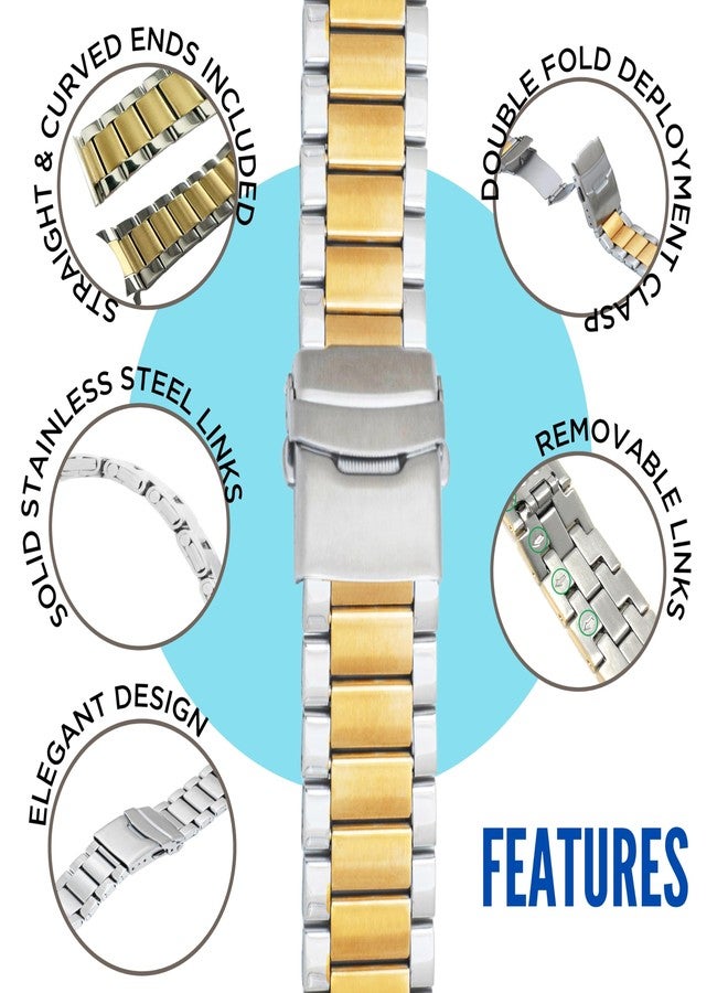 Bandini 22mm Stainless Steel Fitted Curved End Metal Watch Band for Men, 3 Link Watch Strap Oyster Bracelet, Double Foldover Lock Deployment Clasp - Silver 22 mm - Image 2