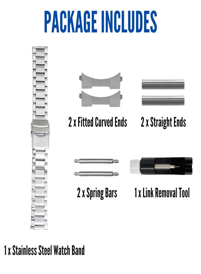 Bandini 22mm Stainless Steel Fitted Curved End Metal Watch Band for Men, 3 Link Watch Strap Oyster Bracelet, Double Foldover Lock Deployment Clasp - Silver 22 mm - Image 3