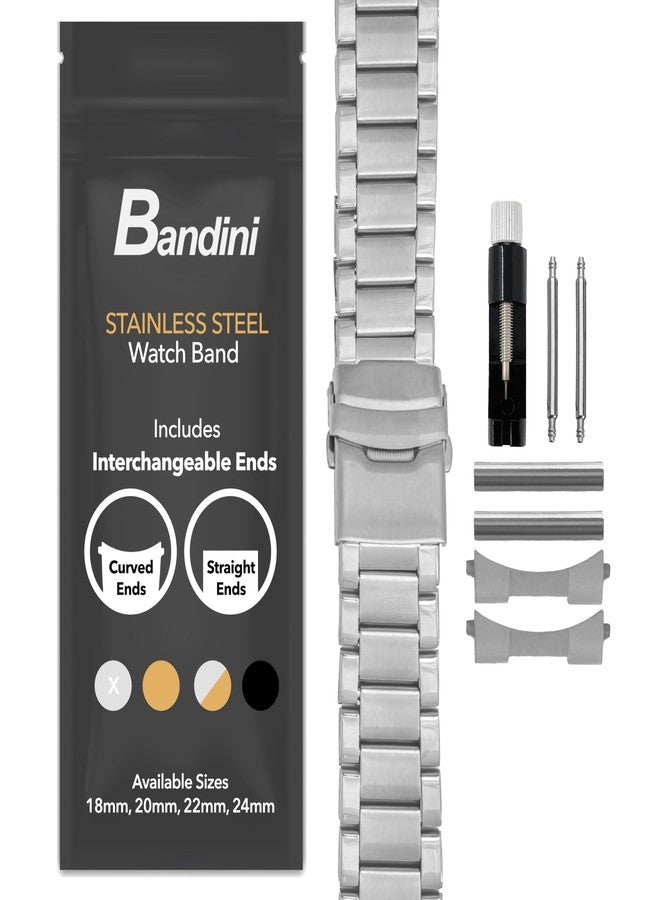 Bandini 22mm Stainless Steel Fitted Curved End Metal Watch Band for Men, 3 Link Watch Strap Oyster Bracelet, Double Foldover Lock Deployment Clasp - Silver 22 mm - Image 1