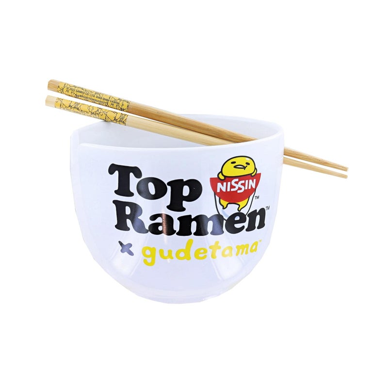 Silver Buffalo Sanrio gudetama Top Ramen More Please 20oz ceramic Ramen Bowl with chopsticks  - Image 2
