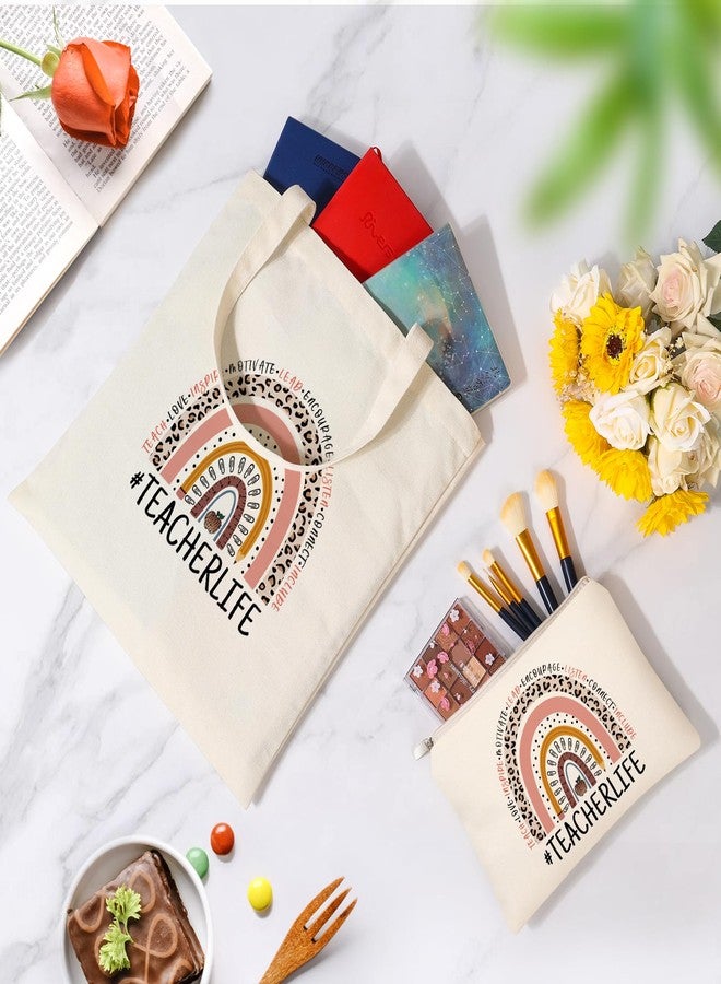 Tecanne Teacher Gifts for Women, Teacher Appreciation Gift Canvas Tote Bag with Comestic Bag, Christmas Gifts for Teachers, Thank You Gift from Student - Image 2