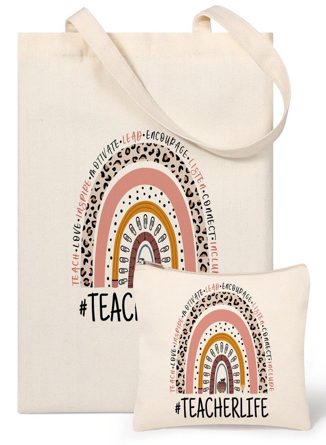 Tecanne Teacher Gifts for Women, Teacher Appreciation Gift Canvas Tote Bag with Comestic Bag, Christmas Gifts for Teachers, Thank You Gift from Student - Image 1