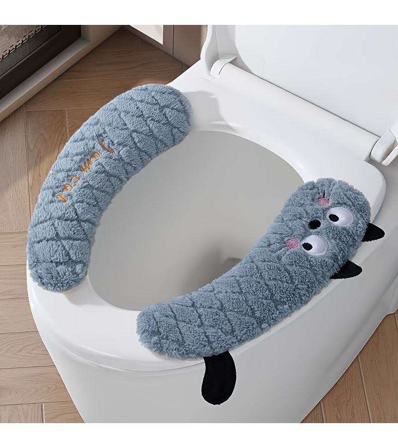 Beige Cartoon Toilet Sticker Plush Handle Seat Cushion Adhesive Cover - Image 2