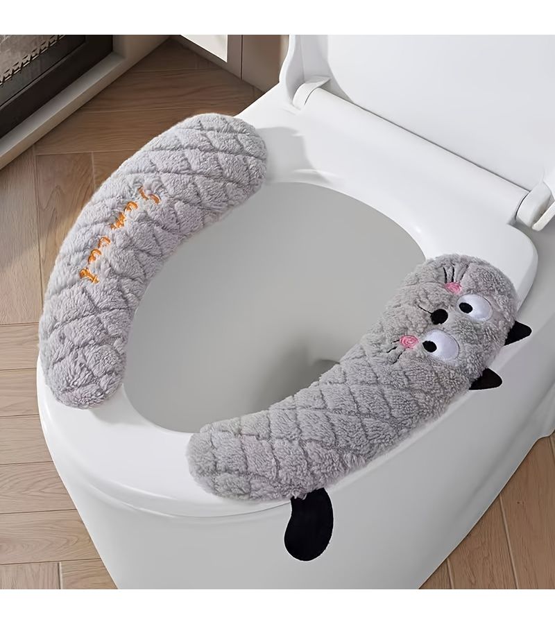 Beige Cartoon Toilet Sticker Plush Handle Seat Cushion Adhesive Cover - Image 5