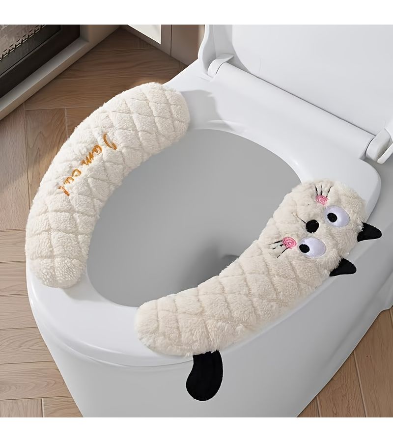 Beige Cartoon Toilet Sticker Plush Handle Seat Cushion Adhesive Cover - Image 1