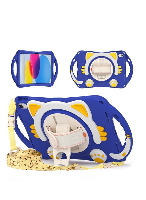 Cute Cat Kids Case with 360 Degree Rotatable Stand/Hand Strap+Shoulder Strap for ipad 10th 10.9 inch 2022（A2757/A2777）Dark blue